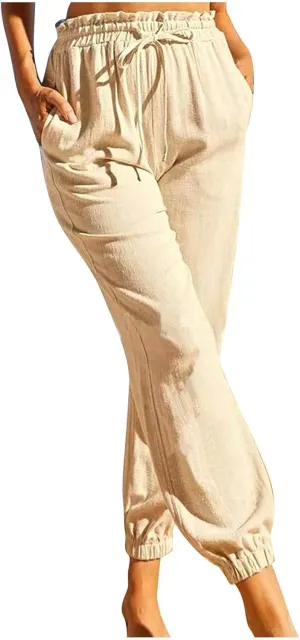 Womens Cotton Linen Jogger Pants Summer Fall Casual Drawstring High Waist Lounge Trousers with Pockets