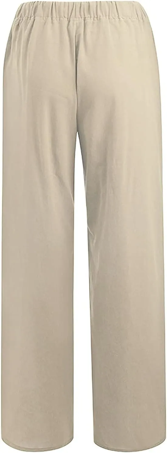 Women's Cotton Linen Long Pants High Waist Drawstring Loose Fit Casual Trousers with Pockets