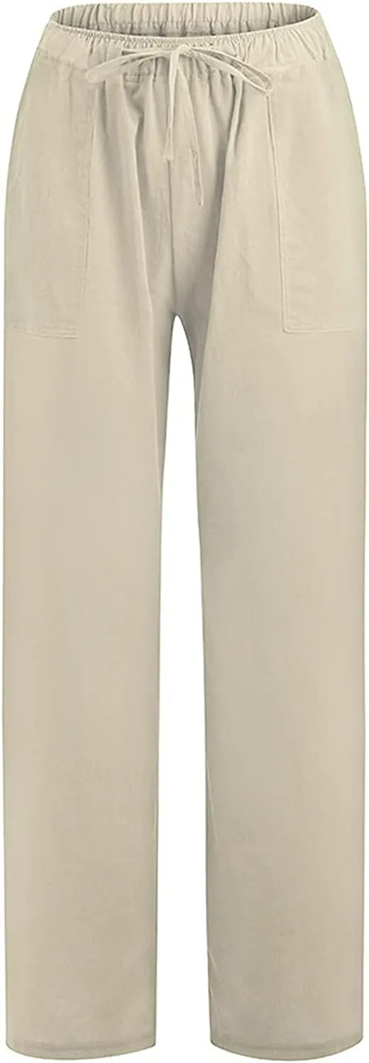 Women's Cotton Linen Long Pants High Waist Drawstring Loose Fit Casual Trousers with Pockets