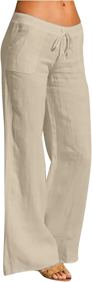 Women's Cotton Linen Long Pants High Waist Drawstring Loose Fit Casual Trousers with Pockets