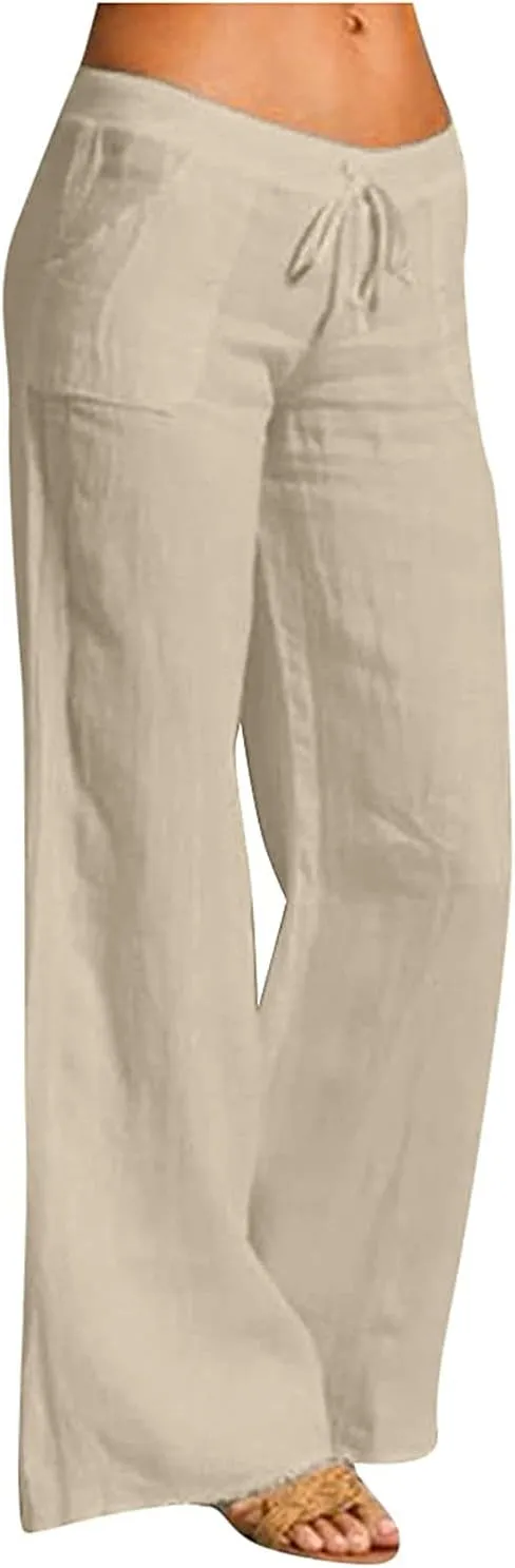Women's Cotton Linen Long Pants High Waist Drawstring Loose Fit Casual Trousers with Pockets