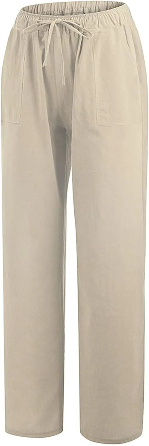 Women's Cotton Linen Long Pants High Waist Drawstring Loose Fit Casual Trousers with Pockets