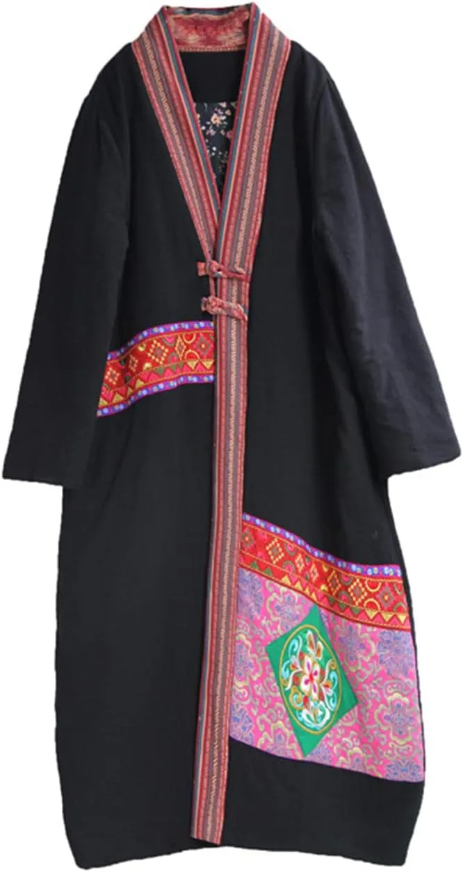 Women's Cotton Linen Thickened Coat Ethnic Embroidered Winter Warm Cotton Padded Parka Coat