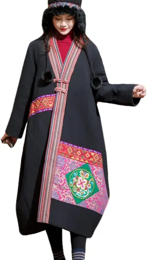 Women's Cotton Linen Thickened Coat Ethnic Embroidered Winter Warm Cotton Padded Parka Coat