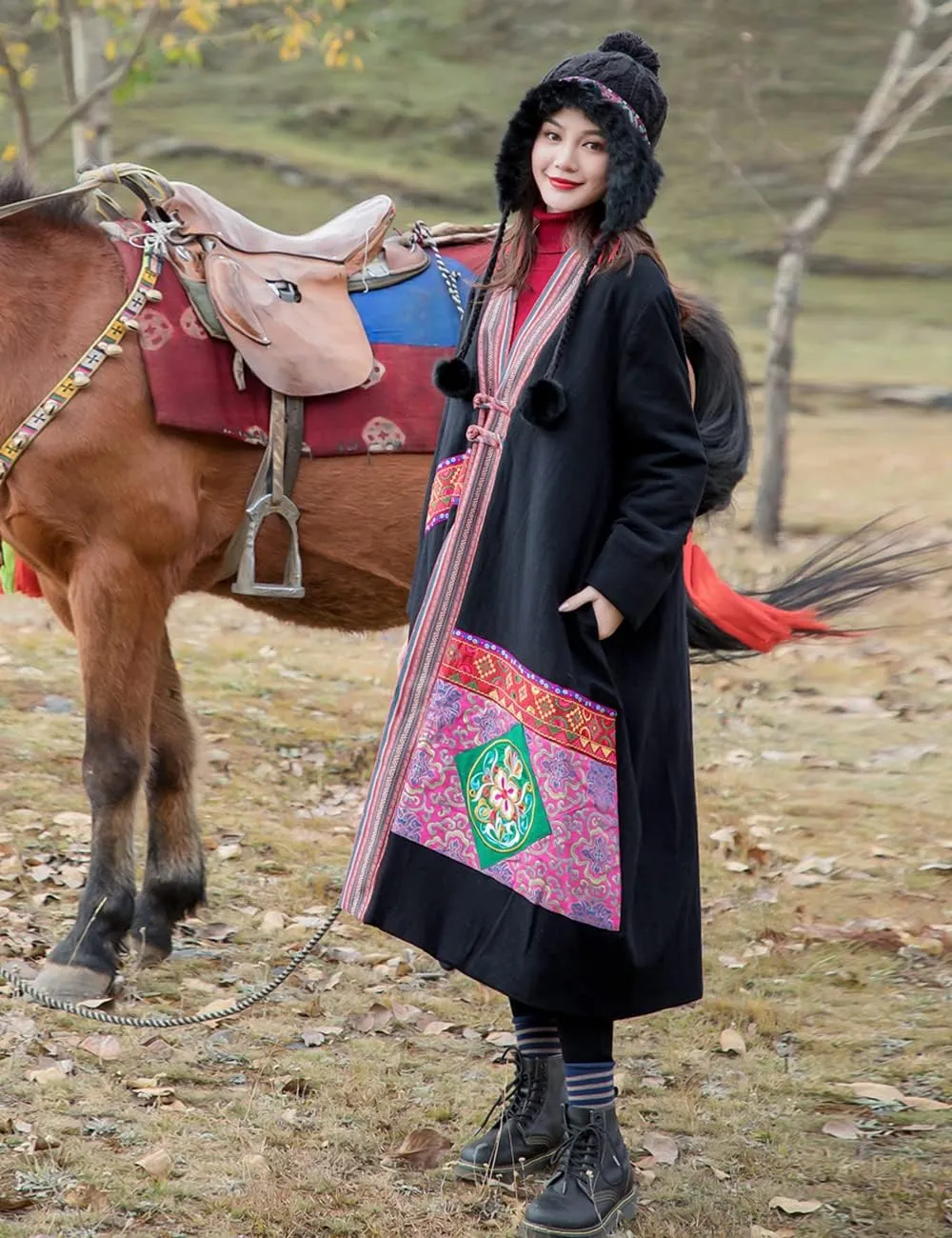Women's Cotton Linen Thickened Coat Ethnic Embroidered Winter Warm Cotton Padded Parka Coat