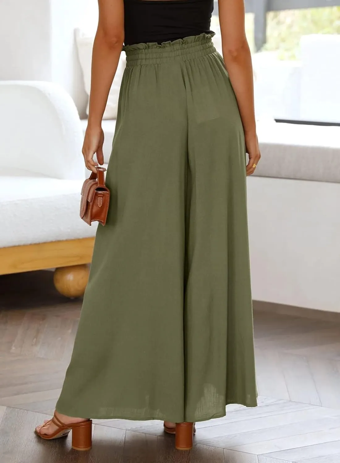 Womens Cotton Linen Wide Leg Pants Casual Elastic Belt High Waist Wide Leg Pants with Pockets Palazzo Lounge Pant