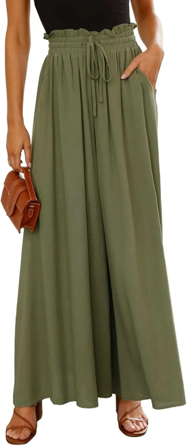 Womens Cotton Linen Wide Leg Pants Casual Elastic Belt High Waist Wide Leg Pants with Pockets Palazzo Lounge Pant
