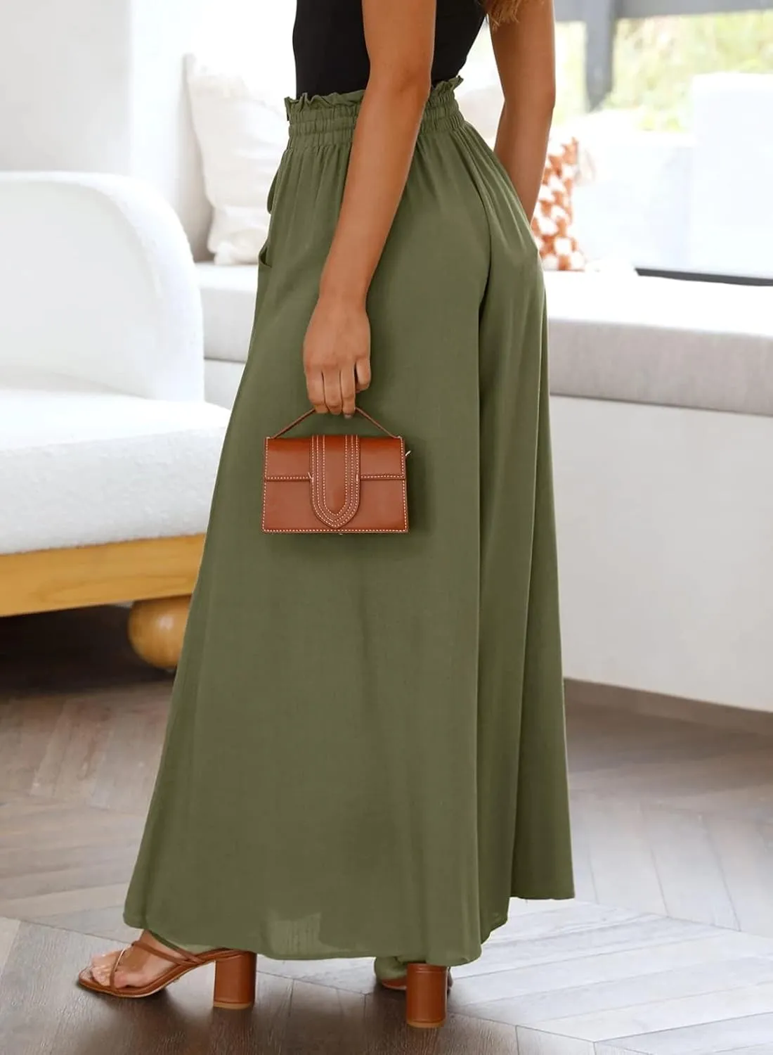 Womens Cotton Linen Wide Leg Pants Casual Elastic Belt High Waist Wide Leg Pants with Pockets Palazzo Lounge Pant