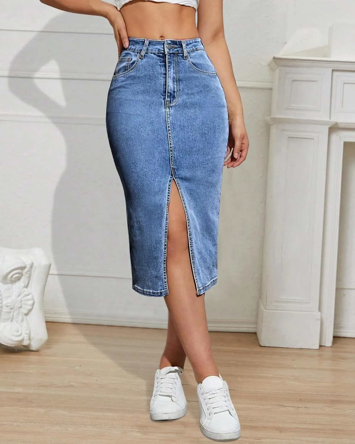 Womens Denim Pencil Skirts Mid Long High Waist A line Midi Jean Skirt Split Hem Skirts for Ladies.