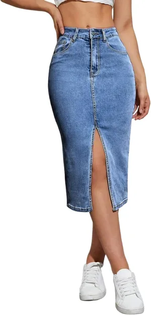 Womens Denim Pencil Skirts Mid Long High Waist A line Midi Jean Skirt Split Hem Skirts for Ladies.