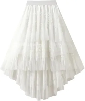 Women's Elastic High Waist Patchwork Mesh Skirt Spring Solid Color Petticoat Tulle Pleated Skirt