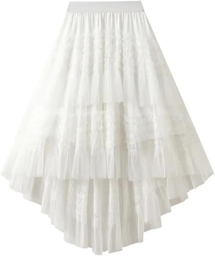 Women's Elastic High Waist Patchwork Mesh Skirt Spring Solid Color Petticoat Tulle Pleated Skirt