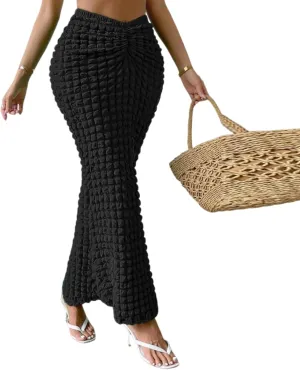 Womens Elegant Casual High Waisted Pleated Textured Fishtail Wrap Maxi Skirts Beach Club Sexy Vacation Outfits