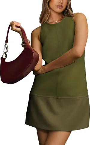 Womens Faux Leather Shift Mini Dress Sleeveless Short Dresses with Back Zipper