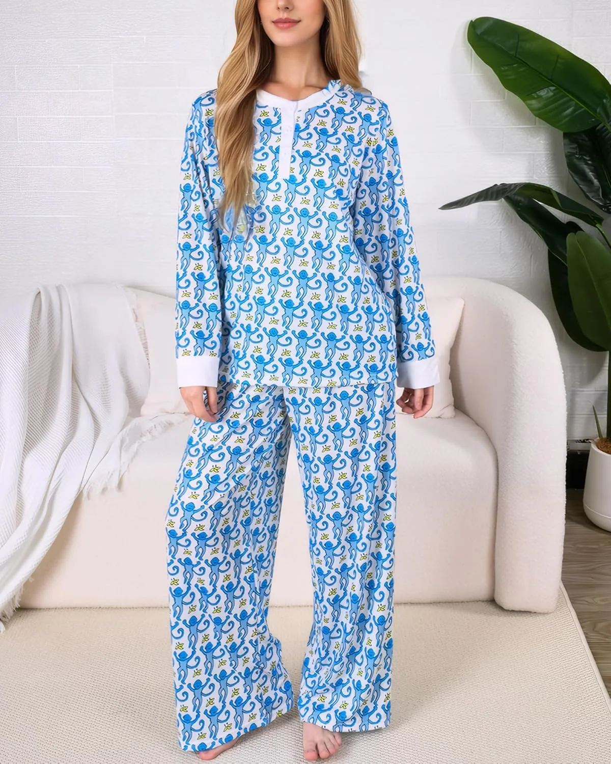 Womens Henley Pajamas Set 2 Piece Long Sleeve Monkey Print Lounge Sets Preppy Sleepwear Pjs for Vacation Party