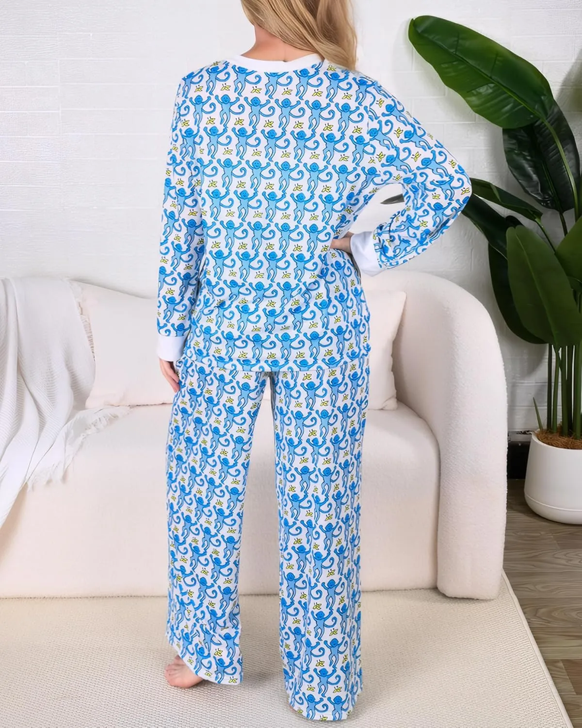 Womens Henley Pajamas Set 2 Piece Long Sleeve Monkey Print Lounge Sets Preppy Sleepwear Pjs for Vacation Party