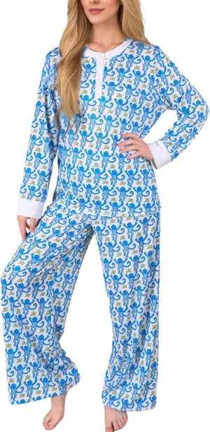 Womens Henley Pajamas Set 2 Piece Long Sleeve Monkey Print Lounge Sets Preppy Sleepwear Pjs for Vacation Party