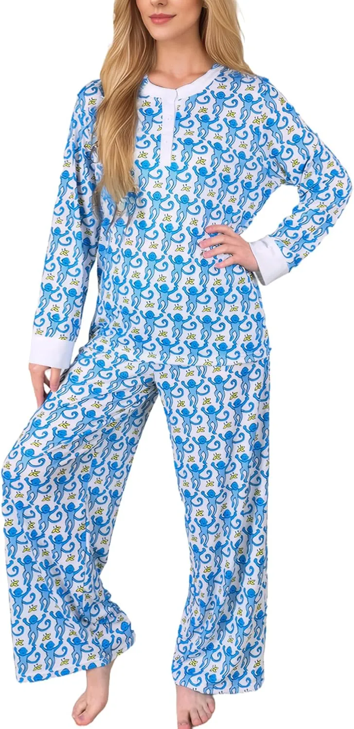 Womens Henley Pajamas Set 2 Piece Long Sleeve Monkey Print Lounge Sets Preppy Sleepwear Pjs for Vacation Party