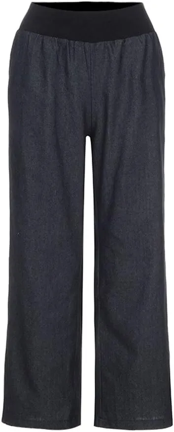 Women's High Waist Casual Denim Pants with Elastic Waist Cotton Pull-on Wide Leg Loose Fit Palazzo Jeans Trousers
