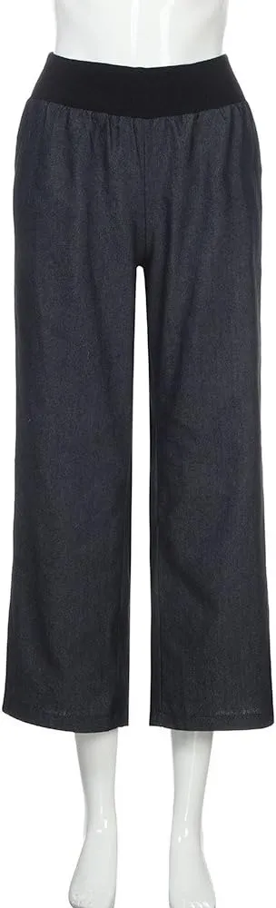 Women's High Waist Casual Denim Pants with Elastic Waist Cotton Pull-on Wide Leg Loose Fit Palazzo Jeans Trousers