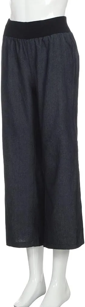 Women's High Waist Casual Denim Pants with Elastic Waist Cotton Pull-on Wide Leg Loose Fit Palazzo Jeans Trousers
