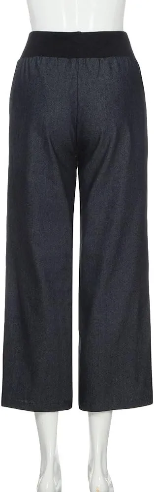 Women's High Waist Casual Denim Pants with Elastic Waist Cotton Pull-on Wide Leg Loose Fit Palazzo Jeans Trousers