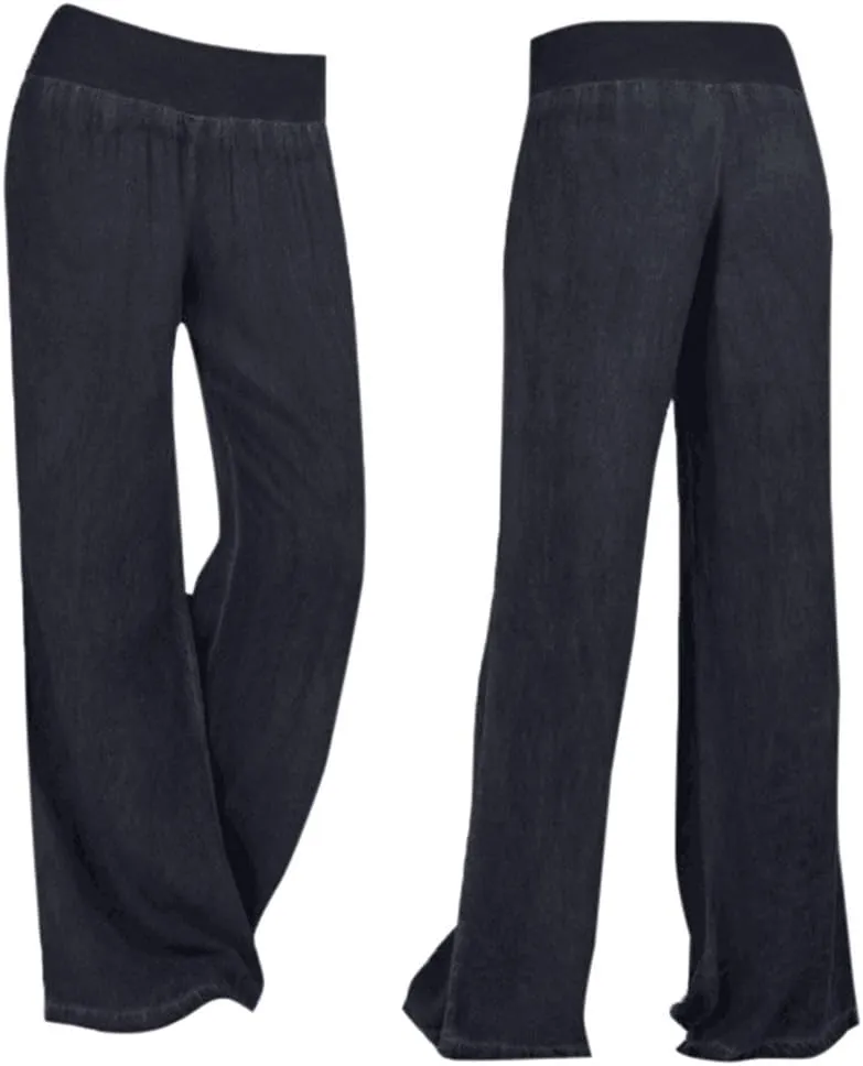 Women's High Waist Casual Denim Pants with Elastic Waist Cotton Pull-on Wide Leg Loose Fit Palazzo Jeans Trousers