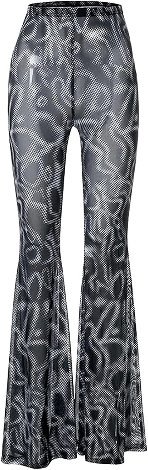 Womens High Waist Rave Mesh Sheer Pants Flared Bell Bottom Pants for Rave Festival Dance Clubwear