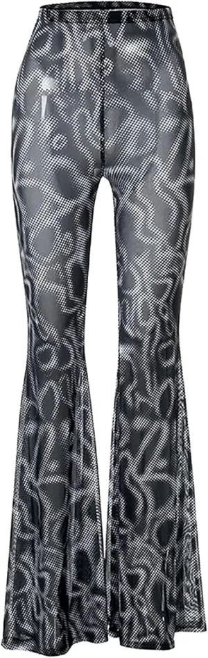 Womens High Waist Rave Mesh Sheer Pants Flared Bell Bottom Pants for Rave Festival Dance Clubwear