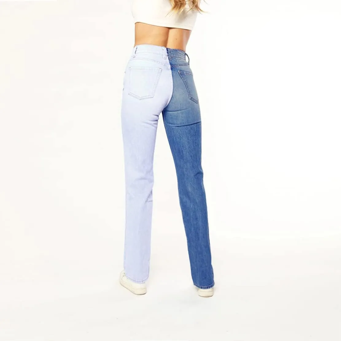 Women's High Waist Two Tone Color Block Jeans Straight Leg Stretchy Denim Pants