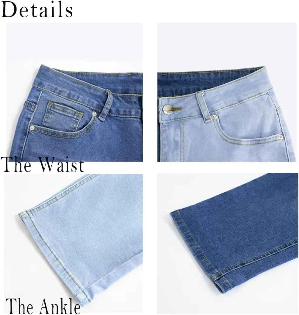 Women's High Waist Two Tone Color Block Jeans Straight Leg Stretchy Denim Pants