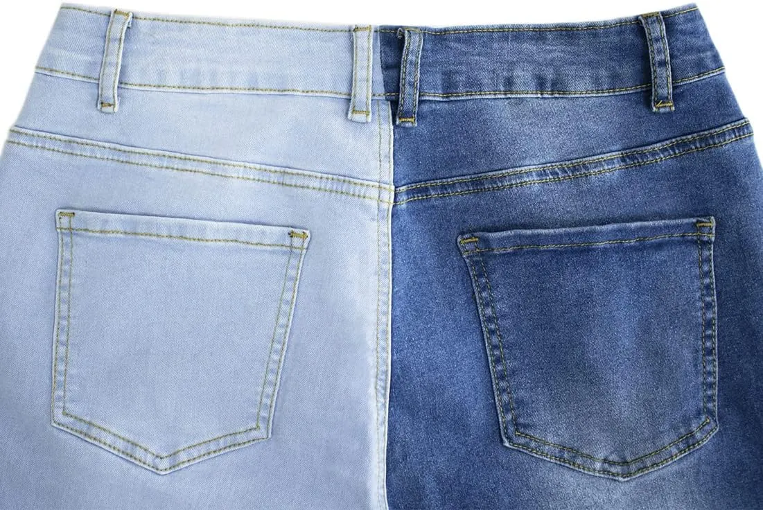 Women's High Waist Two Tone Color Block Jeans Straight Leg Stretchy Denim Pants