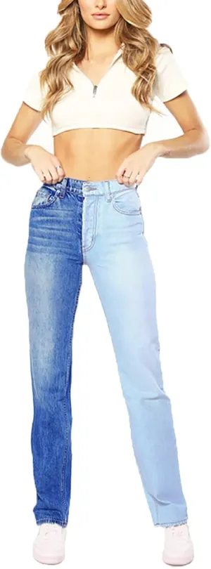 Women's High Waist Two Tone Color Block Jeans Straight Leg Stretchy Denim Pants