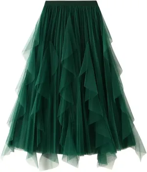 Women's High Waisted Ruffle Patchwork Gauze Skirt Mid-Length Pleated A-Line Midi Skirt