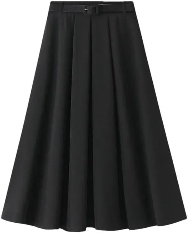 Women's Korean Style Spring High Waist A - Line Midi Skirt with Belt Elegant Long Skirt for Women