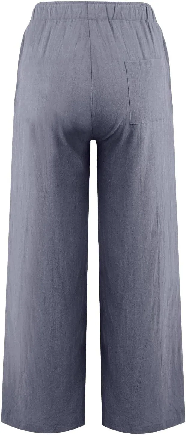 Womens Linen Pants 2025 Summer Beach Lounge Wide Leg Trousers Drawstring High Waisted Palazzo Pants with Pockets