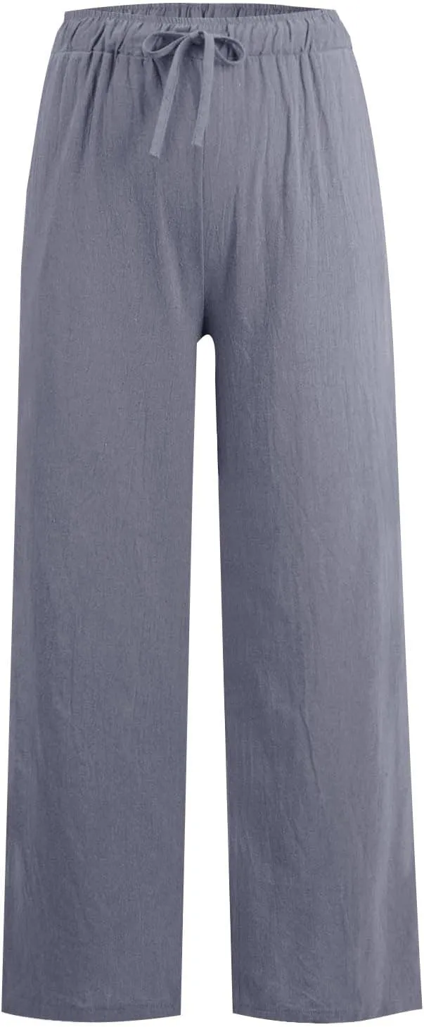 Womens Linen Pants 2025 Summer Beach Lounge Wide Leg Trousers Drawstring High Waisted Palazzo Pants with Pockets