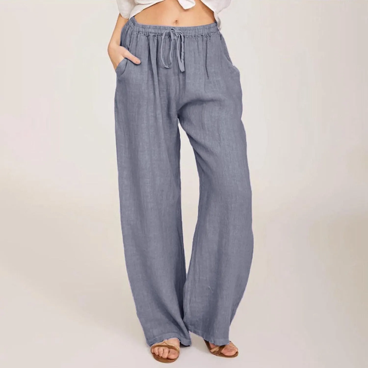 Womens Linen Pants 2025 Summer Beach Lounge Wide Leg Trousers Drawstring High Waisted Palazzo Pants with Pockets
