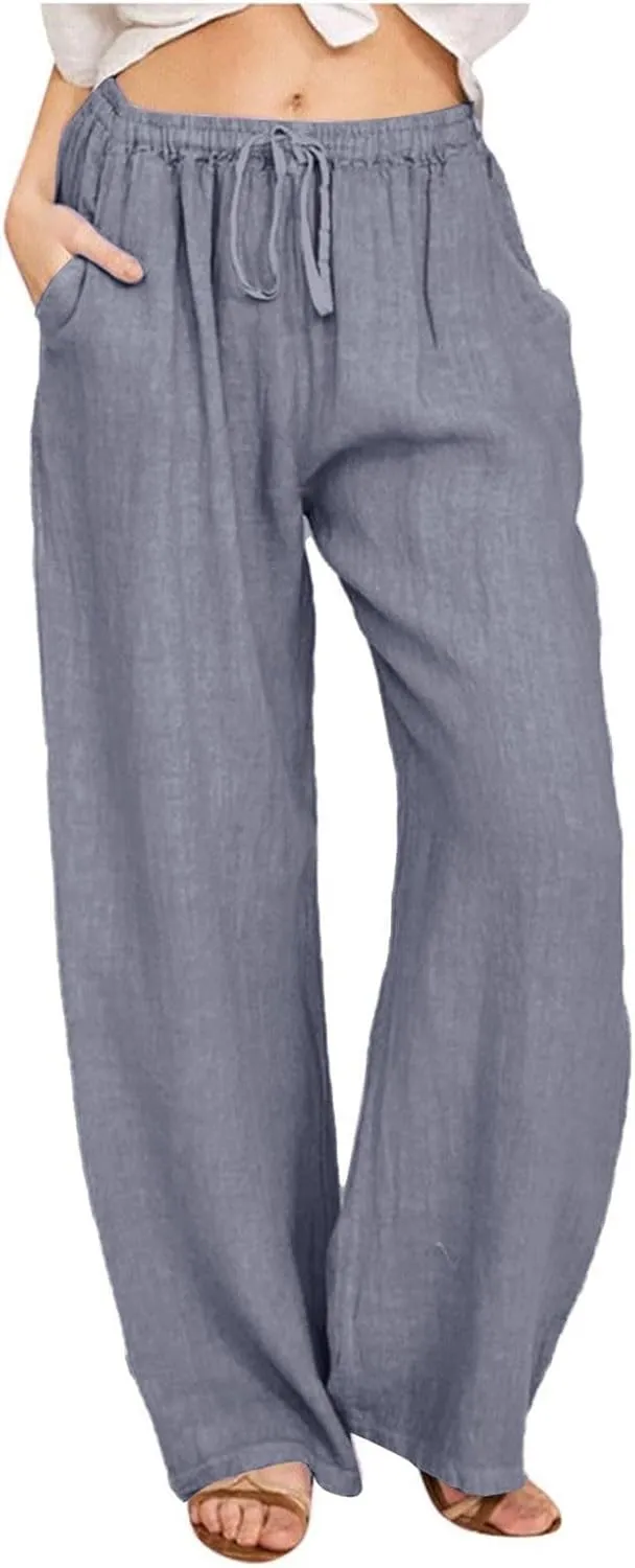 Womens Linen Pants 2025 Summer Beach Lounge Wide Leg Trousers Drawstring High Waisted Palazzo Pants with Pockets