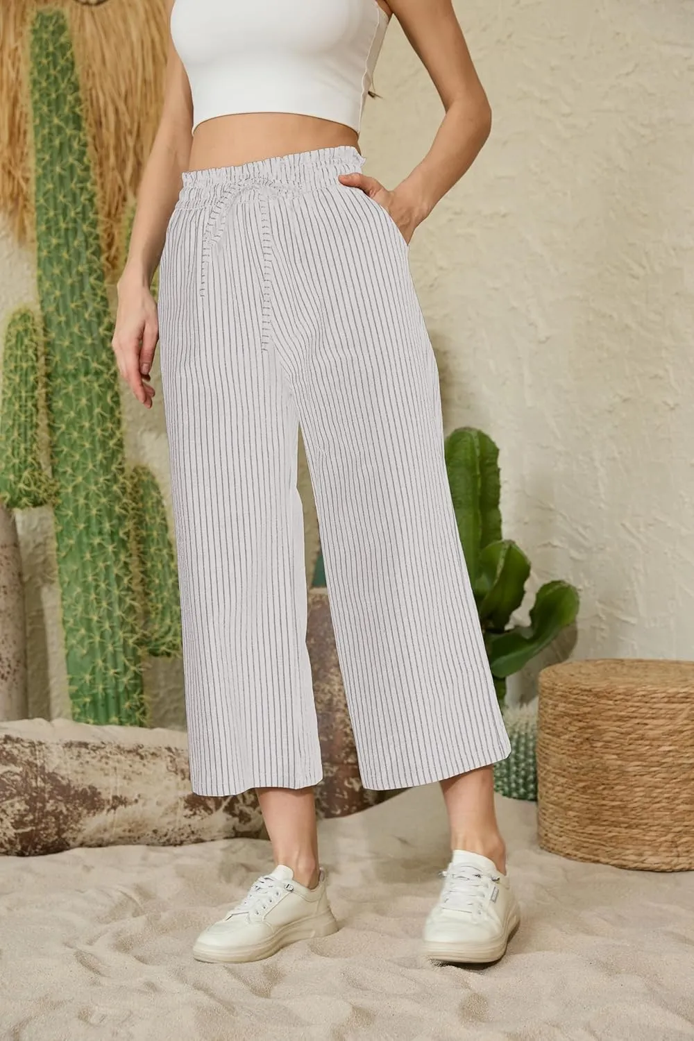 Womens Linen Pants Wide Leg High Waisted Drawstring Casual Loose Beach Pants with Pockets
