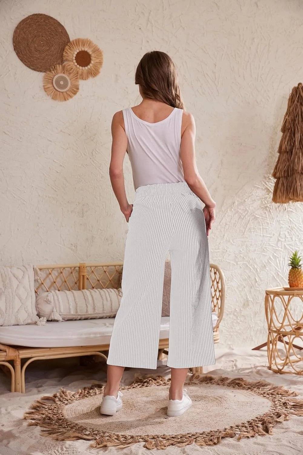 Womens Linen Pants Wide Leg High Waisted Drawstring Casual Loose Beach Pants with Pockets