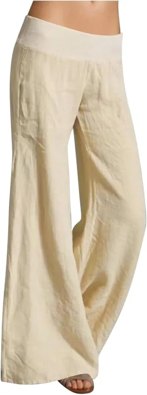 Womens Linen Summer Palazzo Palazzo Pants Low Waist Stretchy Straight Slim-Fit Pants Work Business