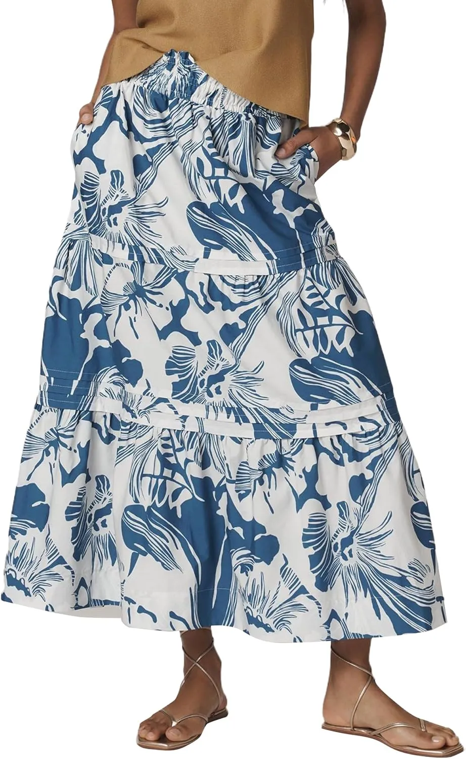 Womens Long Maxi Skirts Casual Boho Smocked High Waisted Flowy Tiered Ruffle A Line Floral Midi Dress with Pockets
