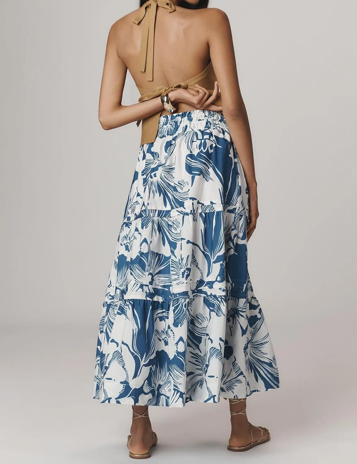 Womens Long Maxi Skirts Casual Boho Smocked High Waisted Flowy Tiered Ruffle A Line Floral Midi Dress with Pockets