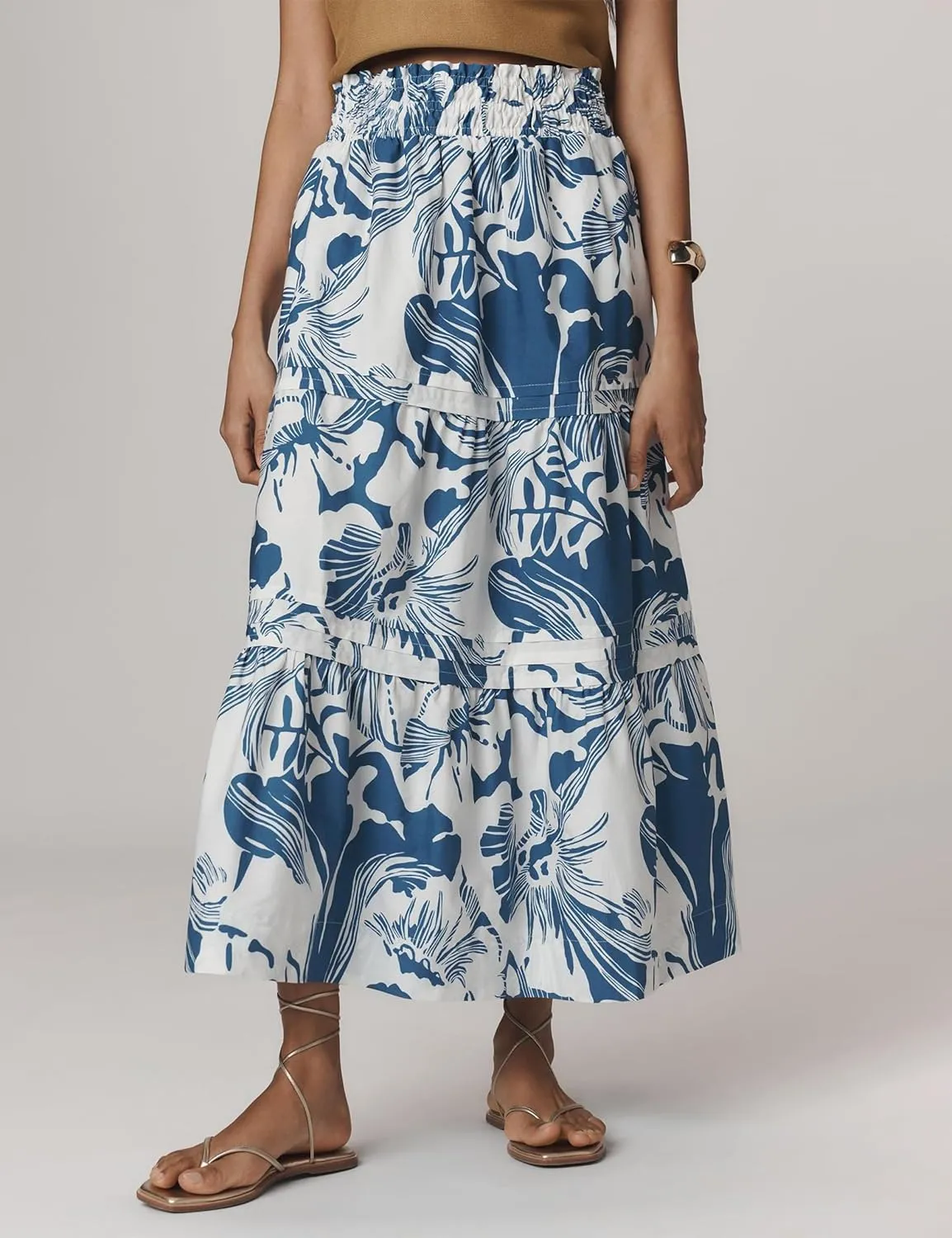 Womens Long Maxi Skirts Casual Boho Smocked High Waisted Flowy Tiered Ruffle A Line Floral Midi Dress with Pockets