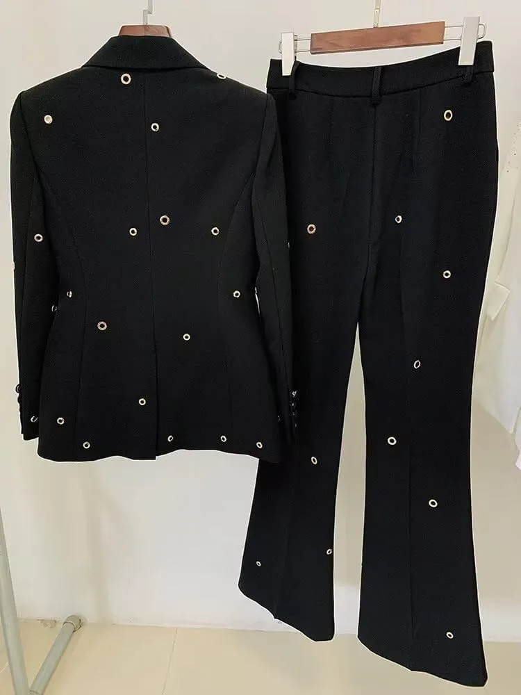 Womens Metal Hole Pant Suit Set Single Button Ladies Blazer Jacket Trouser 2 Piece Wedding Party Outfits