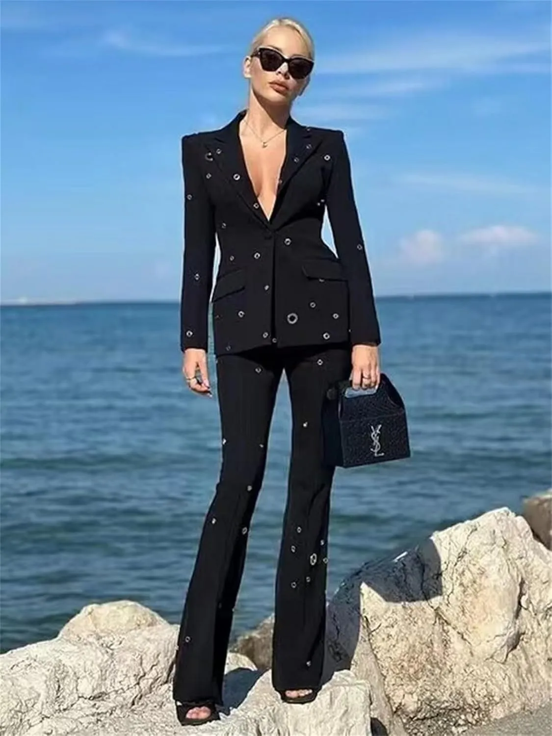 Womens Metal Hole Pant Suit Set Single Button Ladies Blazer Jacket Trouser 2 Piece Wedding Party Outfits