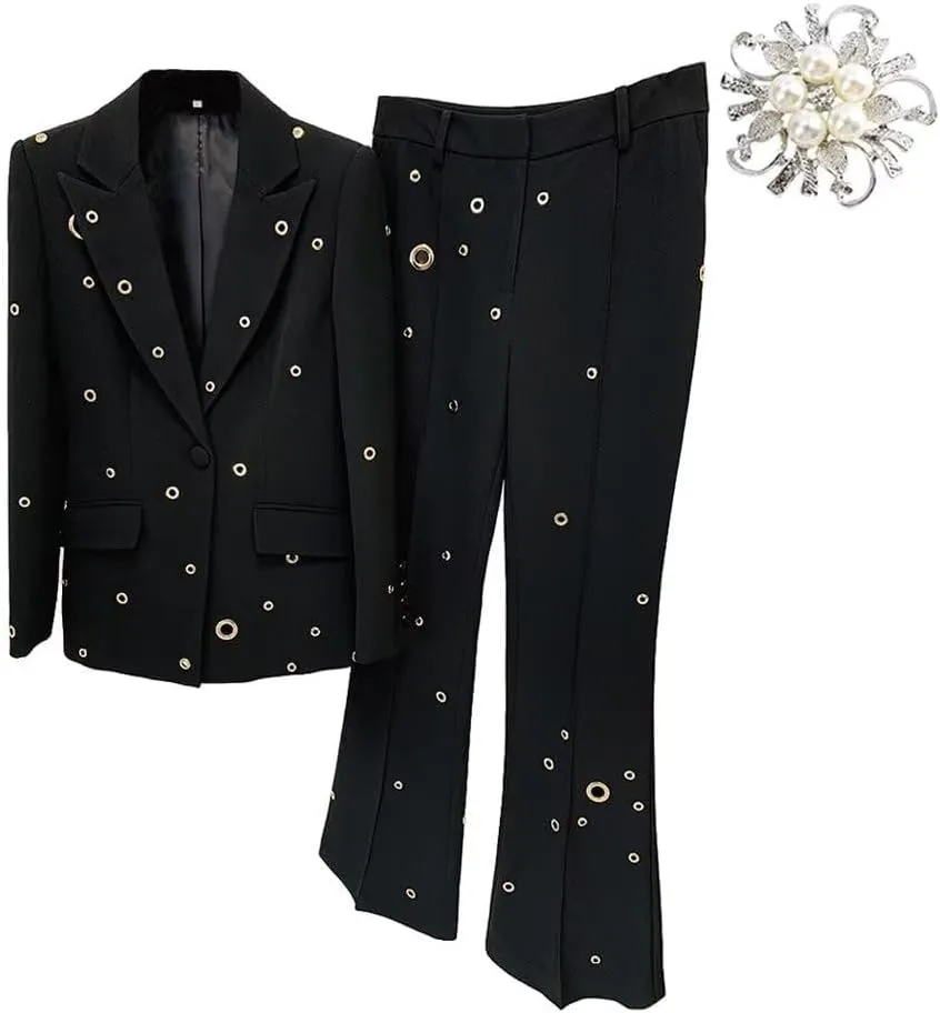 Womens Metal Hole Pant Suit Set Single Button Ladies Blazer Jacket Trouser 2 Piece Wedding Party Outfits