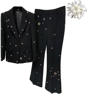Womens Metal Hole Pant Suit Set Single Button Ladies Blazer Jacket Trouser 2 Piece Wedding Party Outfits