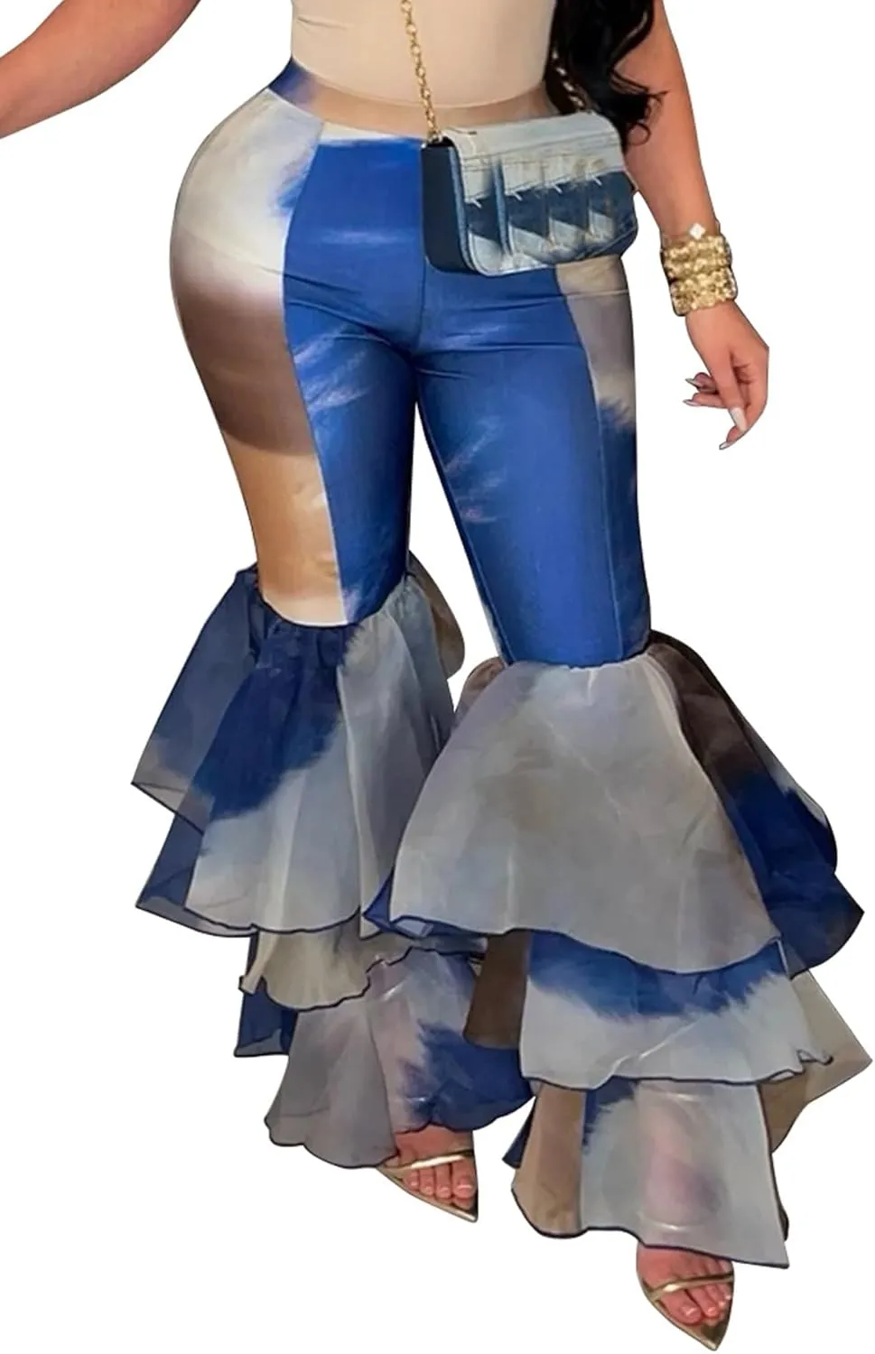 Women's Multi Ruffle Hem Flared Pants Printed High Waisted Bell Bottoms Fashion Trousers Bodycon Pants